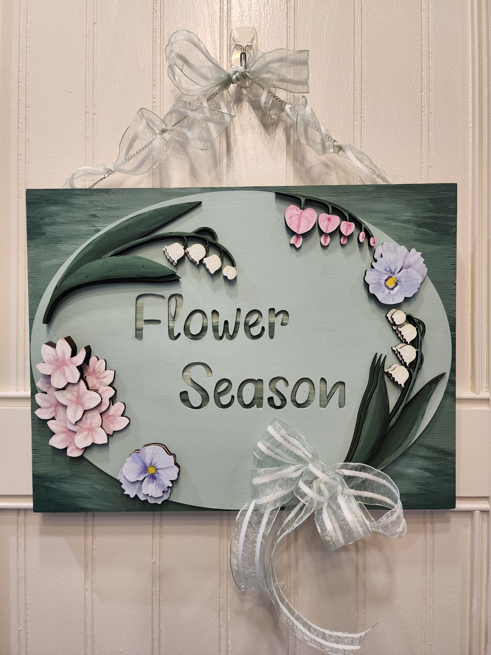 Lilly of the Valley Hand Painted Flower Season Door Sign with Hyacinth, Bleeding Heart, and Pansy Painted Flowers