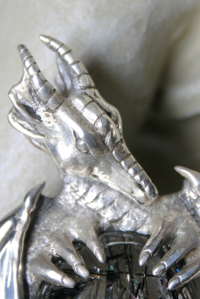 Close up detailing of Black Tourmalinated Quartz Dragon Pendant.